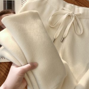 Women's 100% Wool Knit Wide-Leg Straight Pants Winter Casual