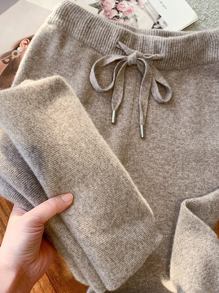 Women's 100% Wool Knit Wide-Leg Straight Pants Winter Casual - Image 4