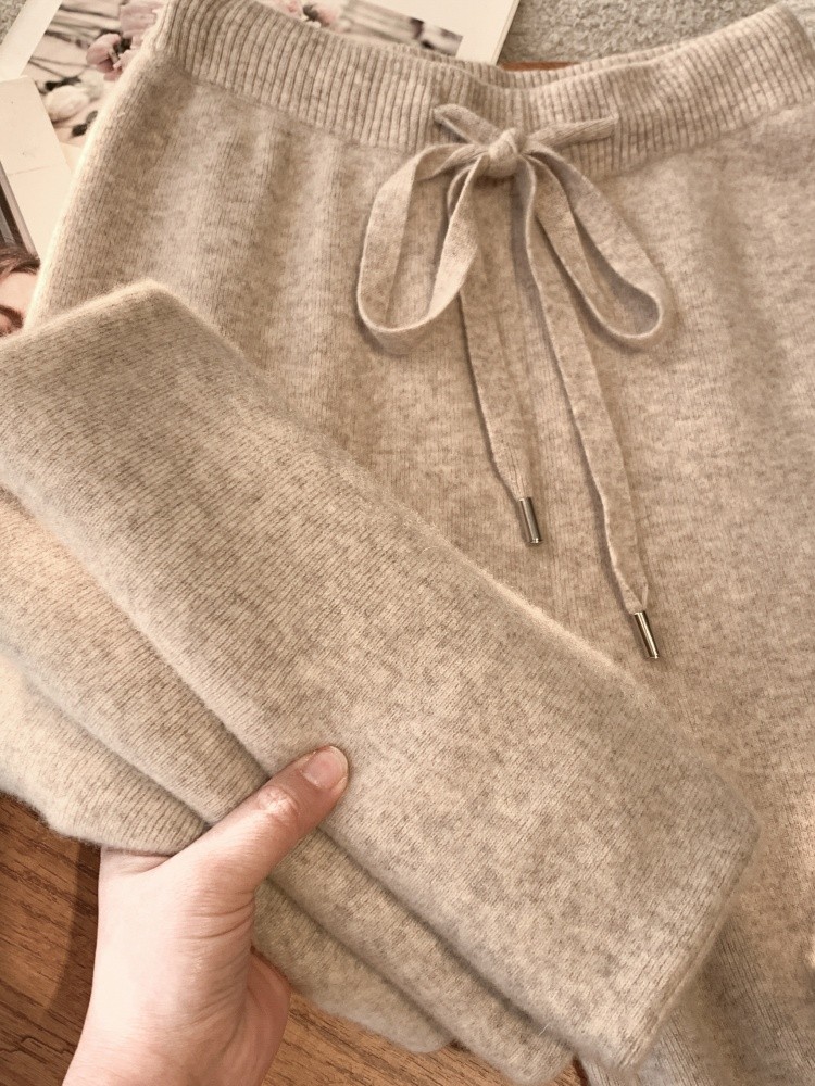 Women's 100% Wool Knit Wide-Leg Straight Pants Winter Casual - Image 3