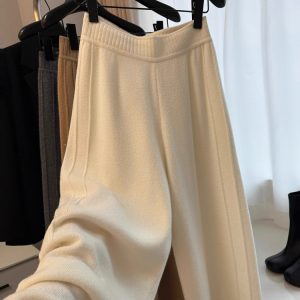 Off-White Knit Wide-Leg Pants for Women - Fall Winter Casual Straight-Leg Loose Sweatpants - Cropped and Full Length
