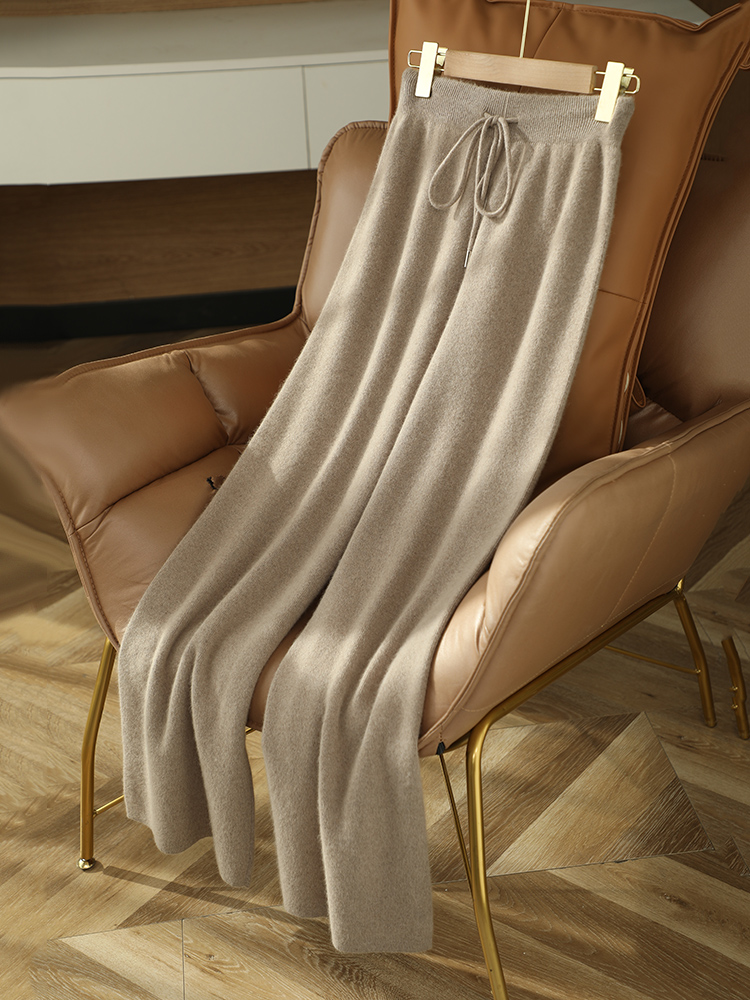Women's 100% Cashmere Knit Wide-Leg Pants High Waist Loose Thick Winter Floor-Length - Image 2