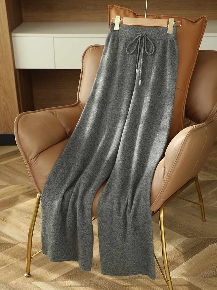 Women's 100% Cashmere Knit Wide-Leg Pants High Waist Loose Thick Winter Floor-Length - Image 4