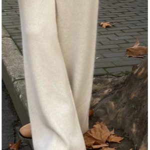 Women's 100% Australian Wool Knit Wide-Leg Pants Winter Casual Straight Floor-Length