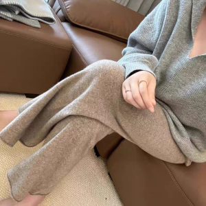 Rolled Hem High Waist Loose Wide Leg Pants Women Winter Straight Drawstring Knit Casual Pants