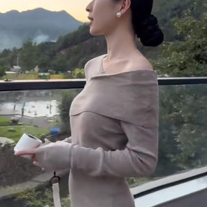 Elegant Korean Style Long Sleeve Gray Knit Dress Women 2025 New