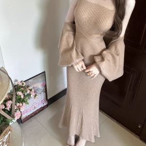 Japanese Style Tie-Front Cardigan and Sleeveless Knit Dress Two-Piece Set - Style 6dd021