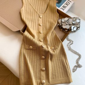 Women's Sleeveless Bodycon Mini Dress with Button Detail