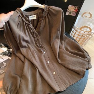 Women's Wood Ear Trim Long Sleeve Shirt V Neck Loose Fit Sweet Top