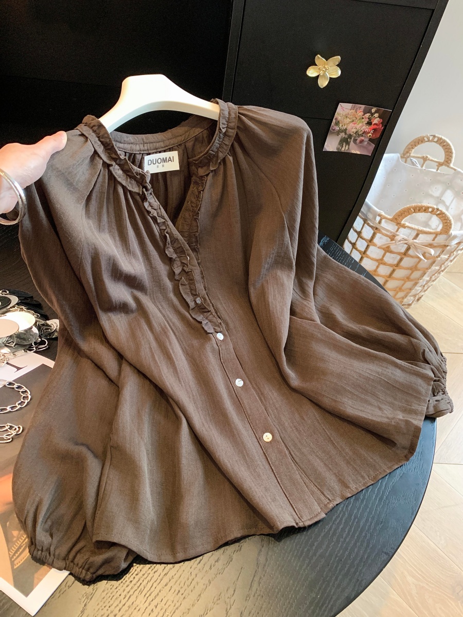womens-wood-ear-trim-long-sleeve-shirt-v-neck-loose-fit-sweet-top