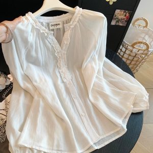Women's Ruffled Long Sleeve V-Neck Loose Shirt Autumn Sweet Top