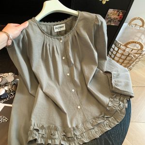 Korean Style White Lace Trim Blouse for Women Round Neck Single Breasted Ruffle Hem Puff Long Sleeve Early Autumn Top - Style 2e0503