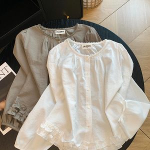 Korean Style White Lace Trim Shirt for Women Round Neck Single Breasted Ruffle Hem Puff Long Sleeve Early Autumn Top