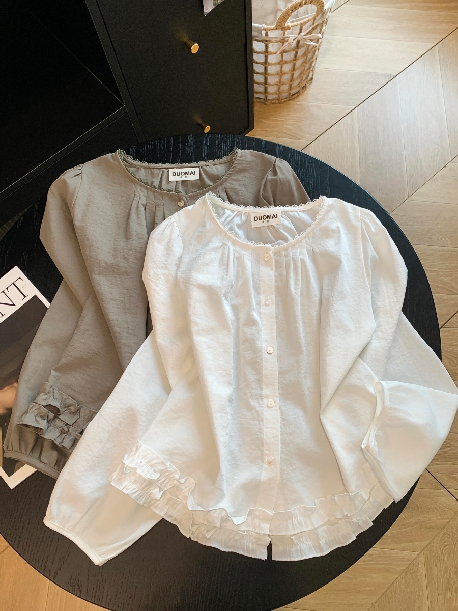 korean-style-white-lace-trim-shirt-for-women-round-neck-single-breasted-ruffle-hem-puff-long-sleeve-early-autumn-top