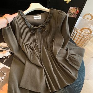 Korean Style Coffee Ruffled Tie-Front Blouse with Puff Sleeves - Style a5f614