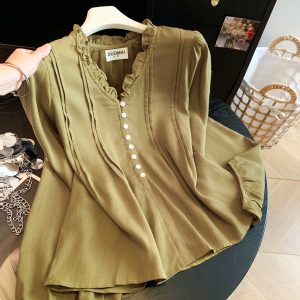 Korean Style Ruffled V-Neck Pleated Waist Lantern Sleeve Long Sleeve Blouse