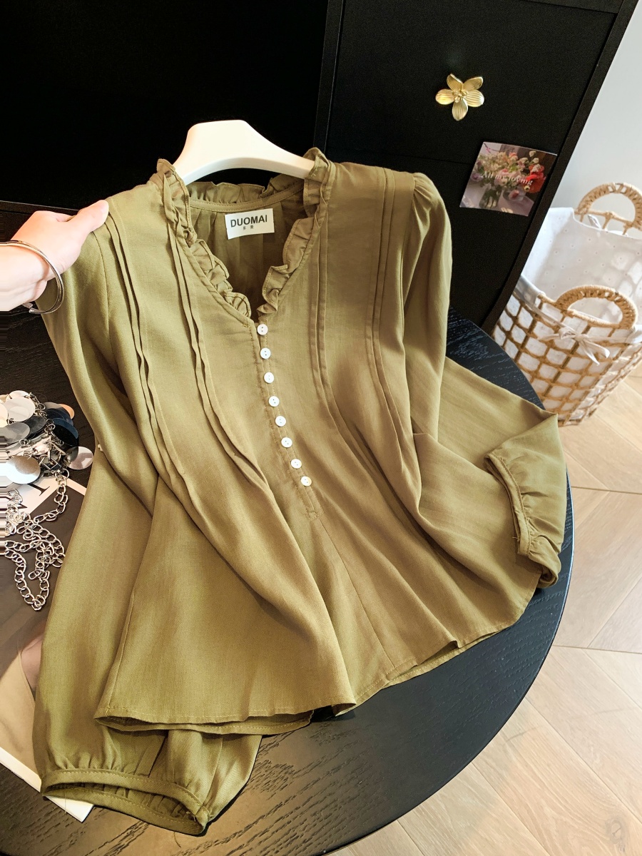 korean-style-ruffled-v-neck-pleated-waist-lantern-sleeve-long-sleeve-blouse