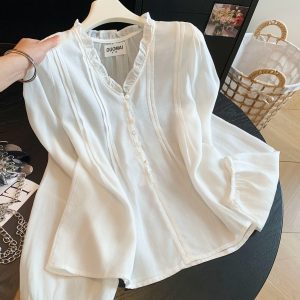 Korean Style Ruffle V-Neck Pleated Waist Lantern Sleeve Long Sleeve Blouse - Style 5c0e0d