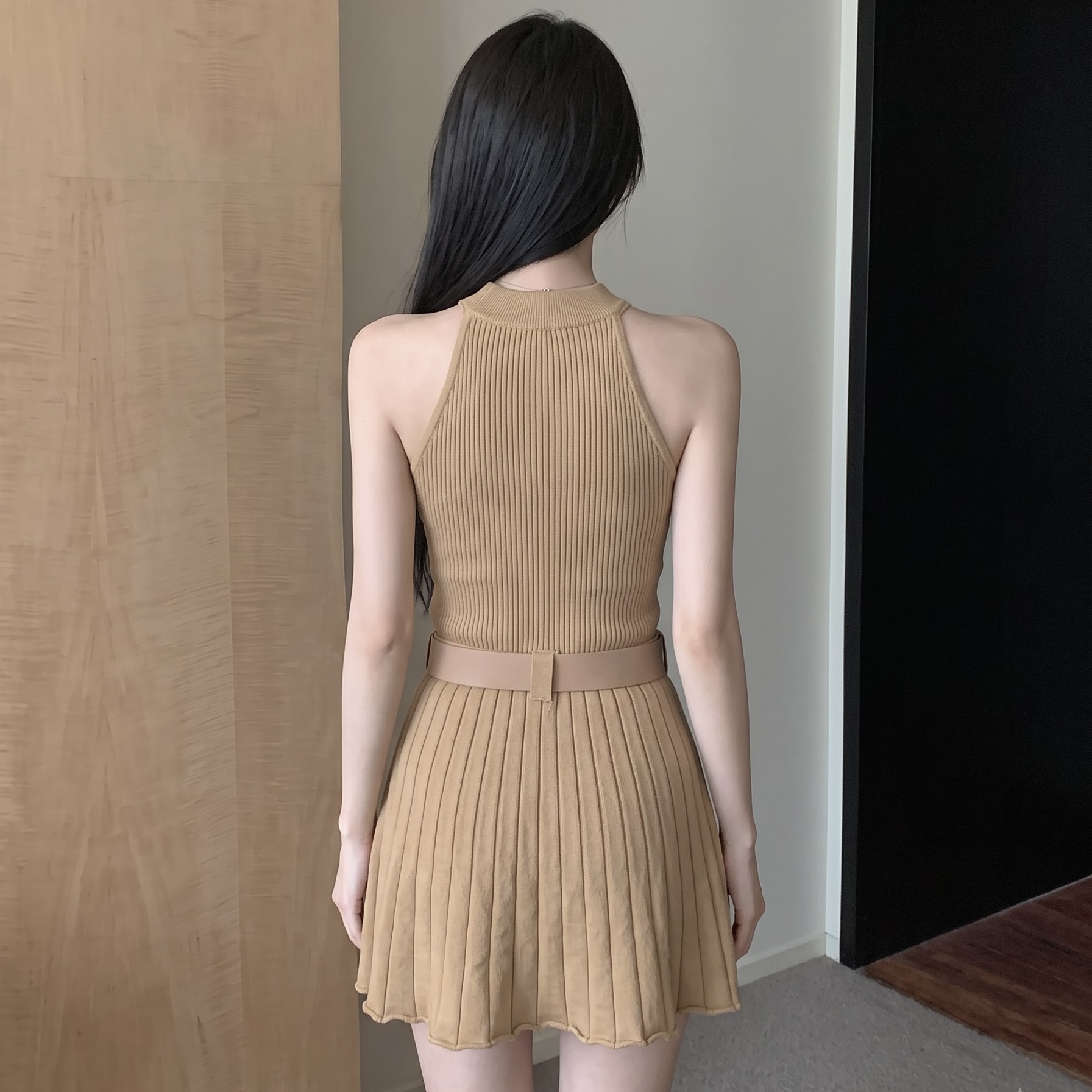 Women's Sleeveless Halter Pleated Dress with Belt - Viscose Knit - Image 5