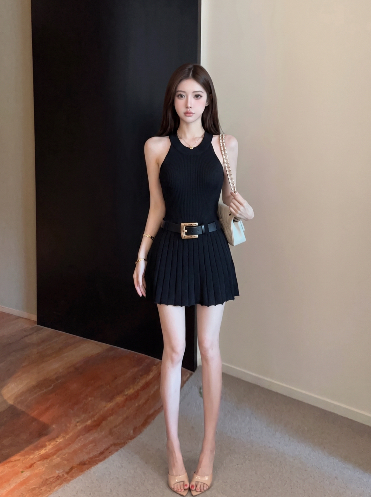 Women's Sleeveless Halter Pleated Dress with Belt - Viscose Knit - Image 2