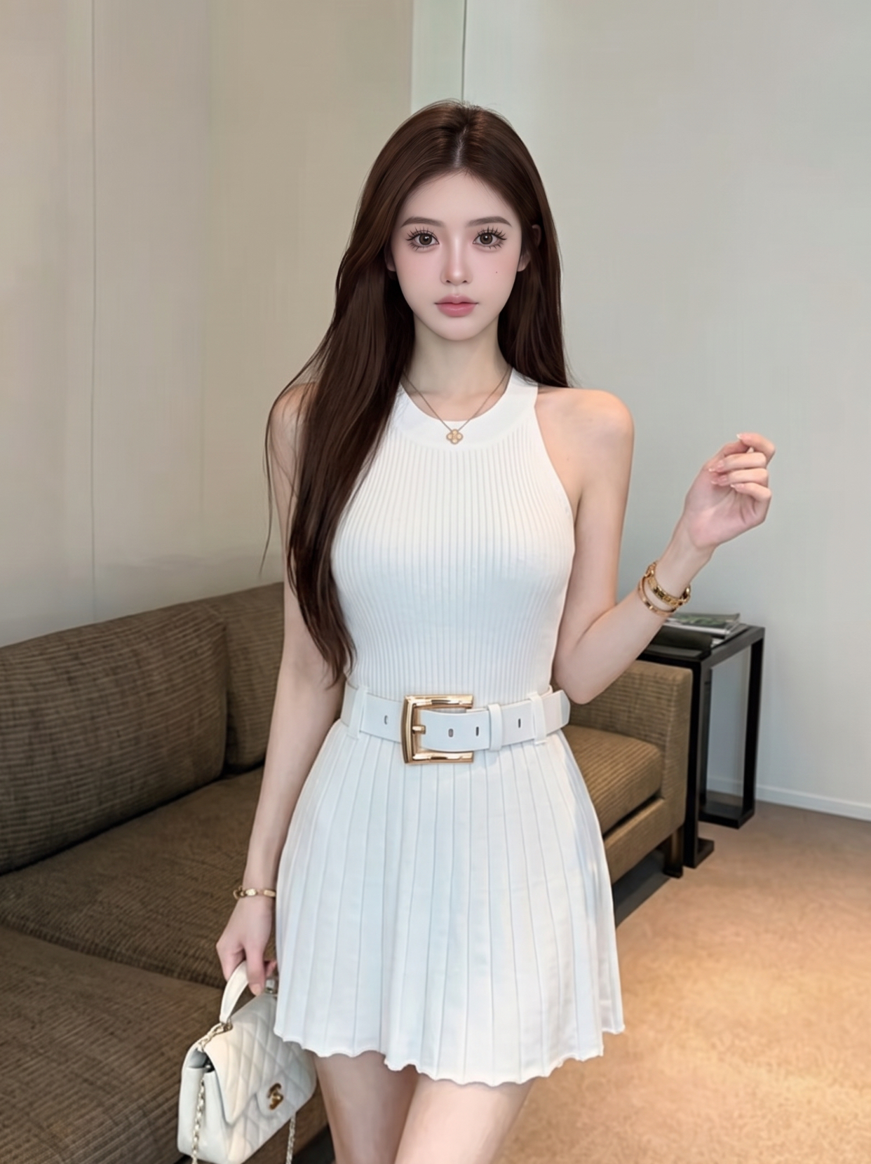 Women's Sleeveless Halter Pleated Dress with Belt - Viscose Knit - Image 3