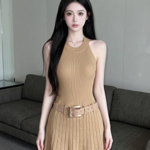 Women's Sleeveless Halter Pleated Dress with Belt - Viscose Knit