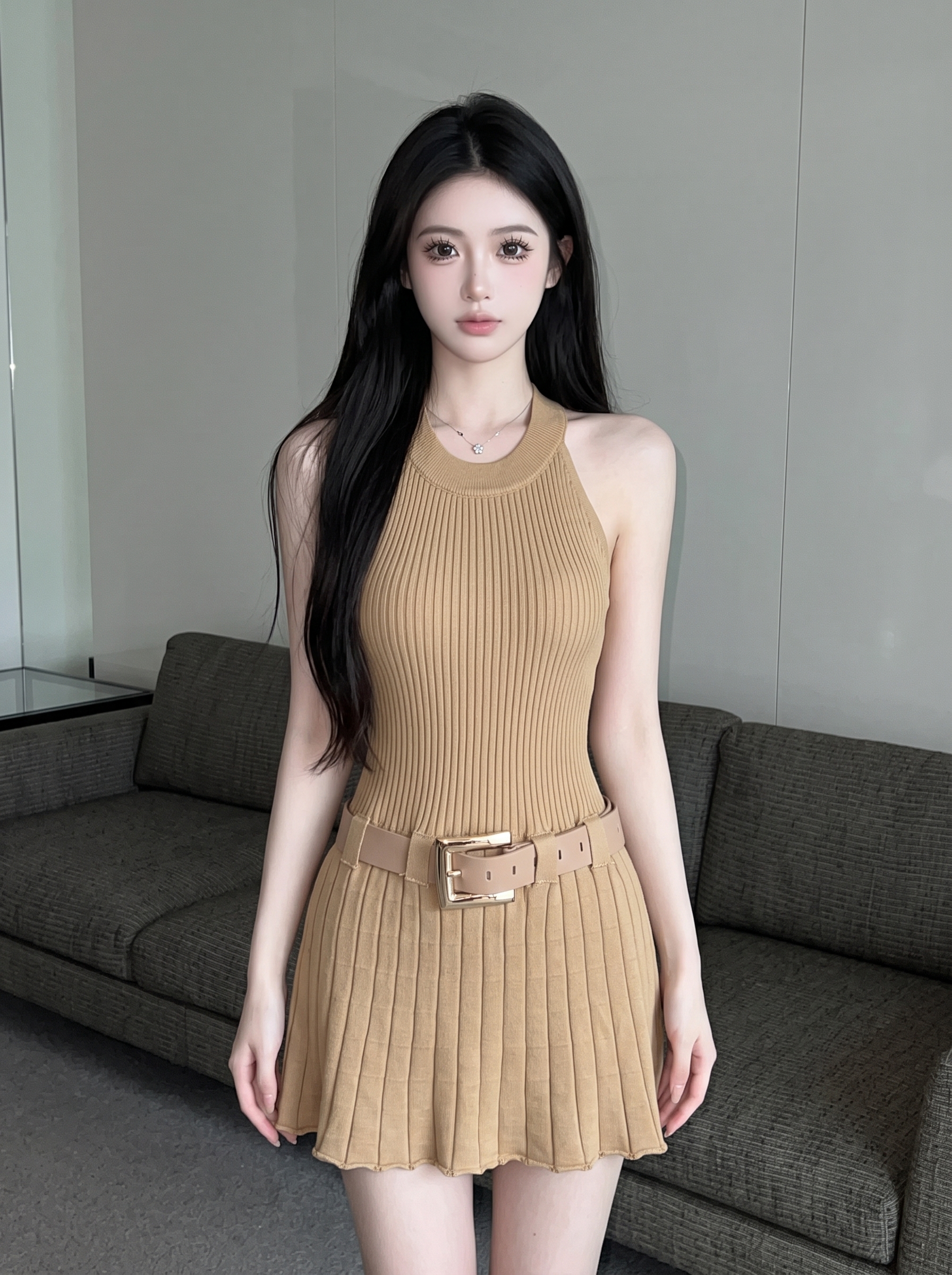 Women's Sleeveless Halter Pleated Dress with Belt - Viscose Knit