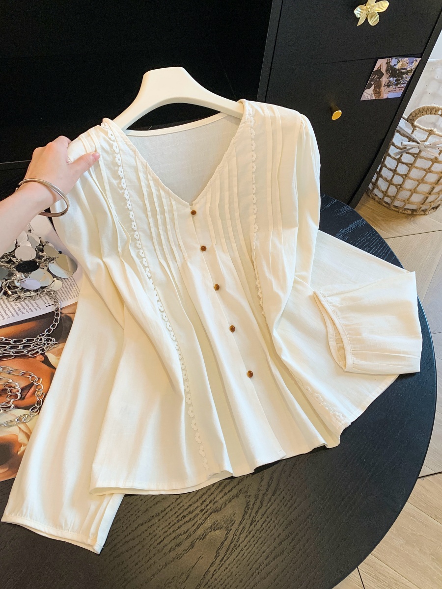 Korean V-Neck Pleated Ribbed Long Sleeve Button Shirt Women Autumn Casual Top - Style 69d9bc - Image 2