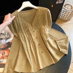 Korean V-Neck Pleated Ribbed Long Sleeve Button Shirt Women Autumn Casual Top - Style 69d9bc