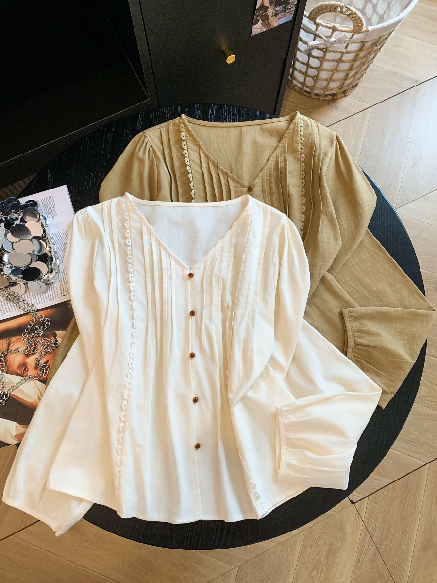 Korean V-Neck Pleated Ribbed Long Sleeve Button Shirt Women Autumn Casual Top - Style 69d9bc - Image 3