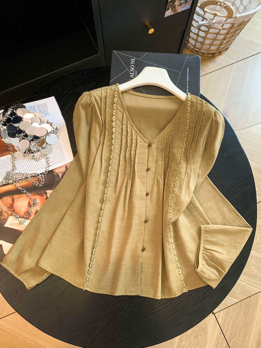 Korean V-Neck Pleated Ribbed Long Sleeve Button Shirt Women Autumn Casual Top - Style 69d9bc - Image 4