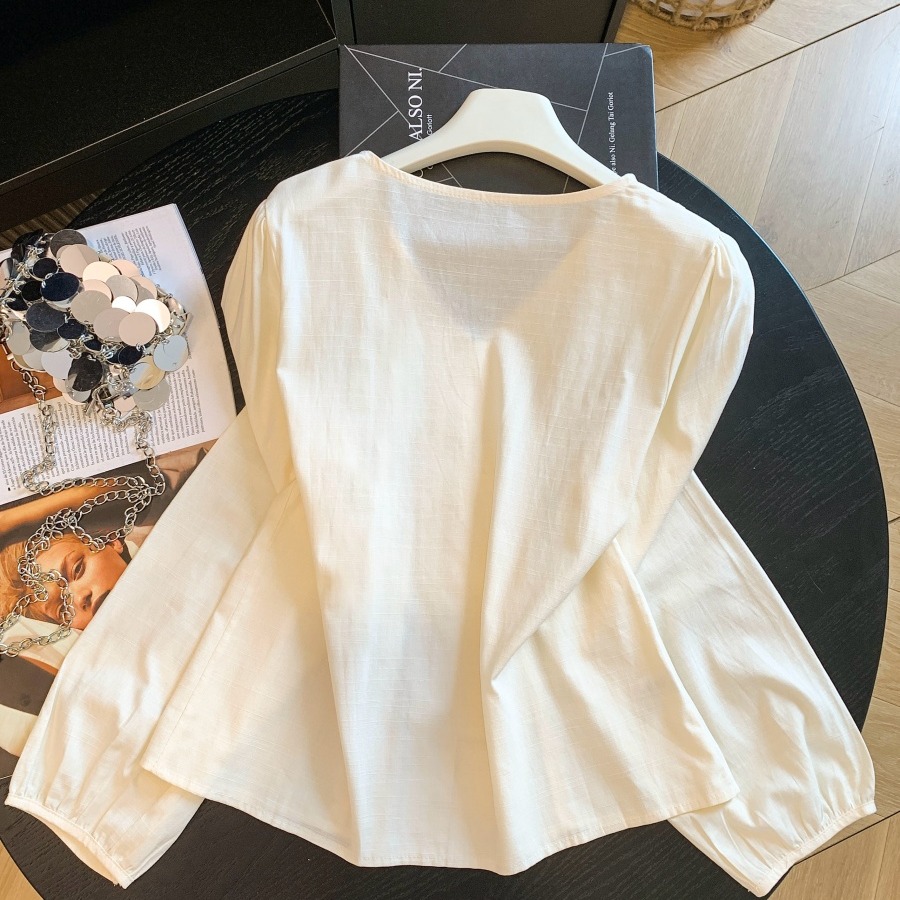Korean V-Neck Pleated Ribbed Long Sleeve Button Shirt Women Autumn Casual Top - Style 69d9bc - Image 5