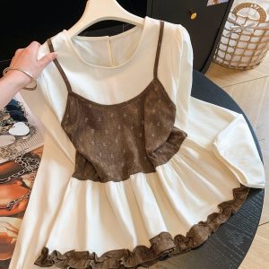 Korean Style Layered Floral Cami Patchwork Top with Puff Sleeves