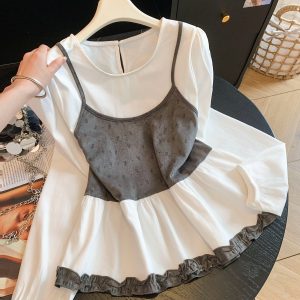 Korean Style Layered Color Block Cami Patchwork Top Women Round Neck Puff Long Sleeve Floral Ruffle Early Autumn Blouse