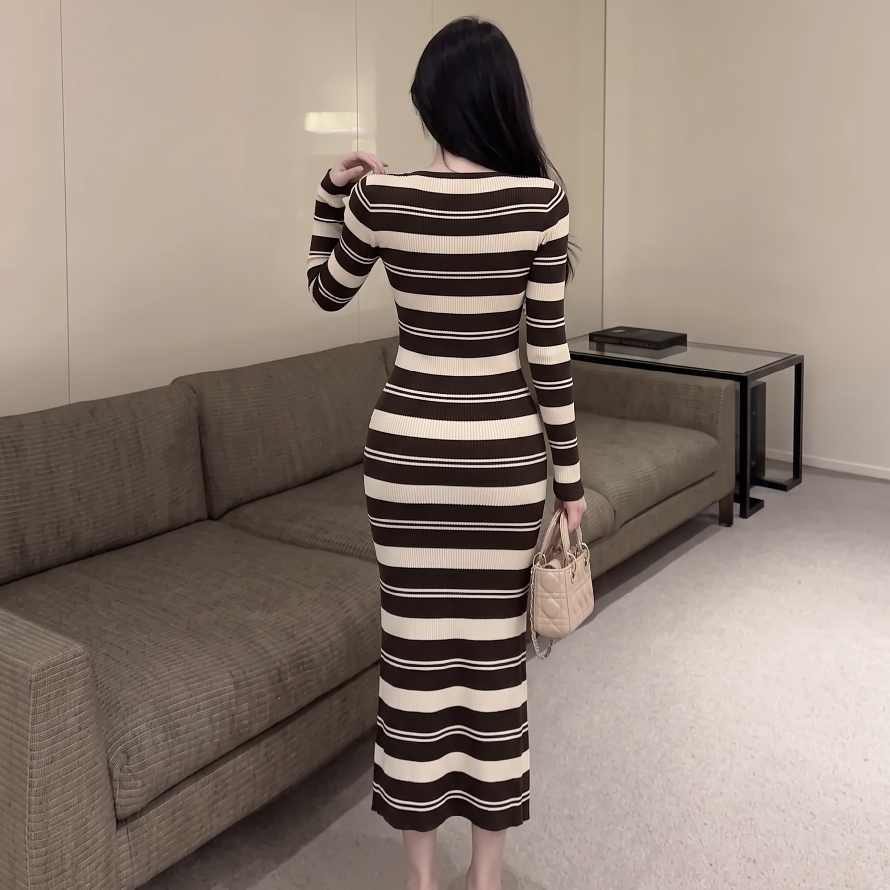 Korean Color-Block Striped V-Neck Long-Sleeve Dress for Women - Image 5