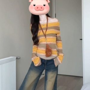 In Stock Autumn Retro Color Block Striped Long Sleeve Knit Sweater Women New Slimming One Shoulder Hot Girl