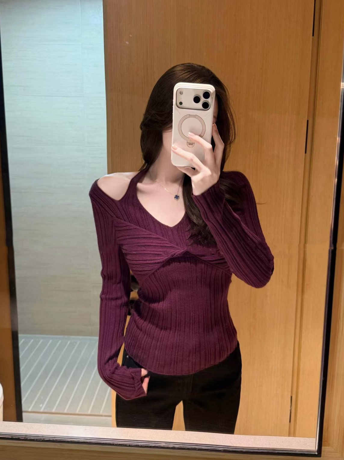 Women's V-Neck Halter Knit Top with Twist Front - Faux Two-Piece Layered Look - Image 2