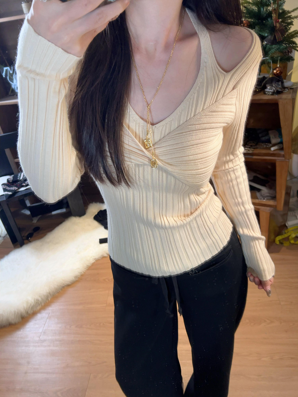 Women's V-Neck Halter Knit Top with Twist Front - Faux Two-Piece Layered Look