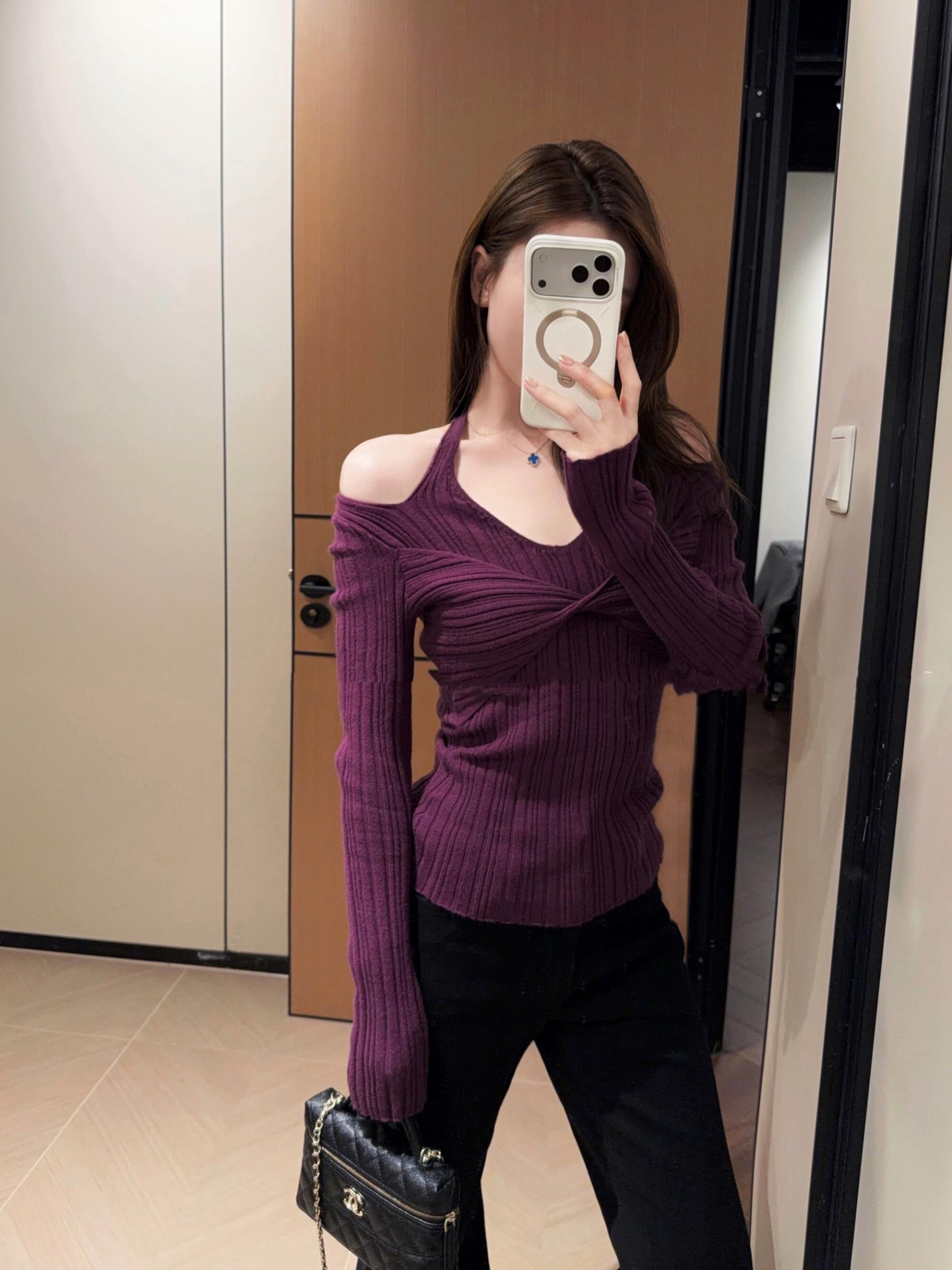 Women's V-Neck Halter Knit Top with Twist Front - Faux Two-Piece Layered Look - Image 4
