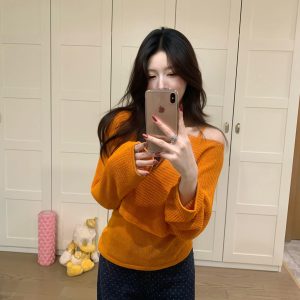 Korean Style Pink Open Knit Long Sleeve Sweater Women Early Autumn Casual Off Shoulder Top