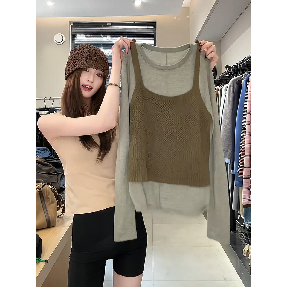 Korean Hollow Knit Cami Two-Piece Layering Top Solid Color - Image 5