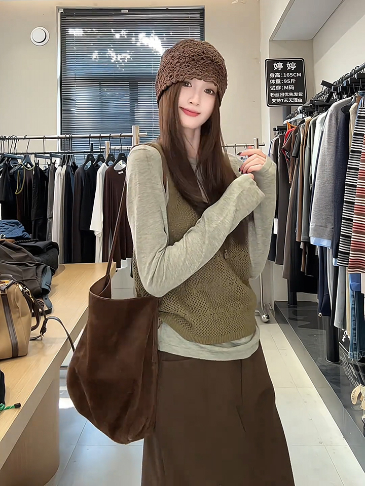Korean Hollow Knit Cami Two-Piece Layering Top Solid Color - Image 2