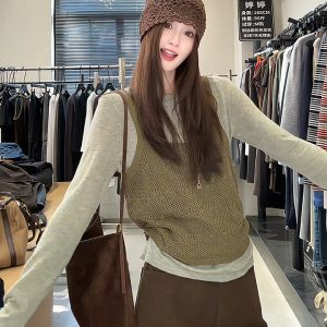 Korean Hollow Knit Cami Two-Piece Layering Top Solid Color