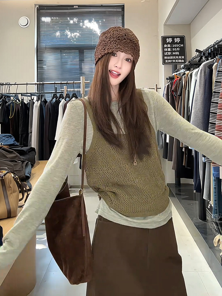 Korean Hollow Knit Cami Two-Piece Layering Top Solid Color