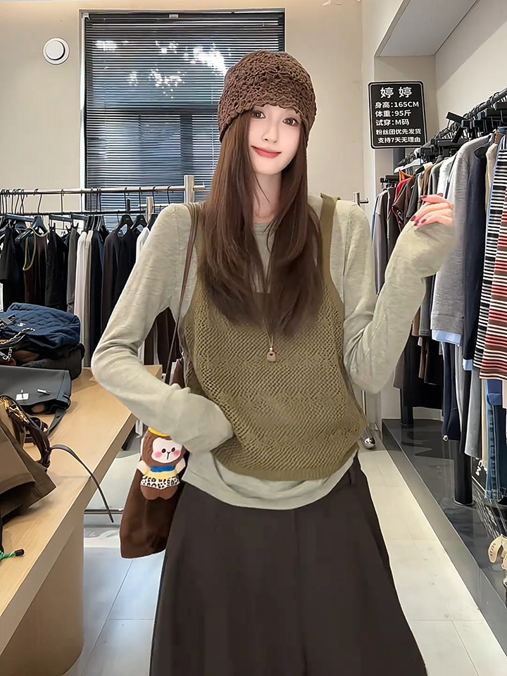 Korean Hollow Knit Cami Two-Piece Layering Top Solid Color - Image 3