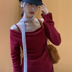 Women's Off-Shoulder Faux Two-Piece Knit Sweater with Ruffle Trim